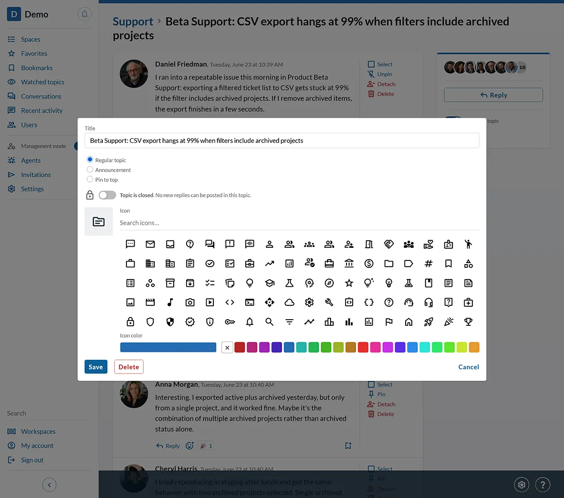 Topic management screen